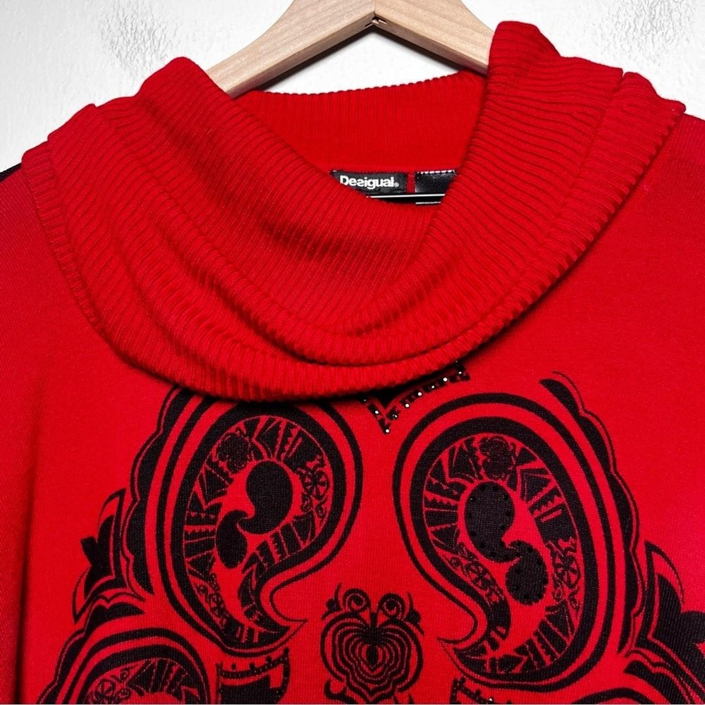 Desigual Women Sweater Medium Red Black Marylebone Fringed Cowl Neck Art Paisley - Picture 4 of 13